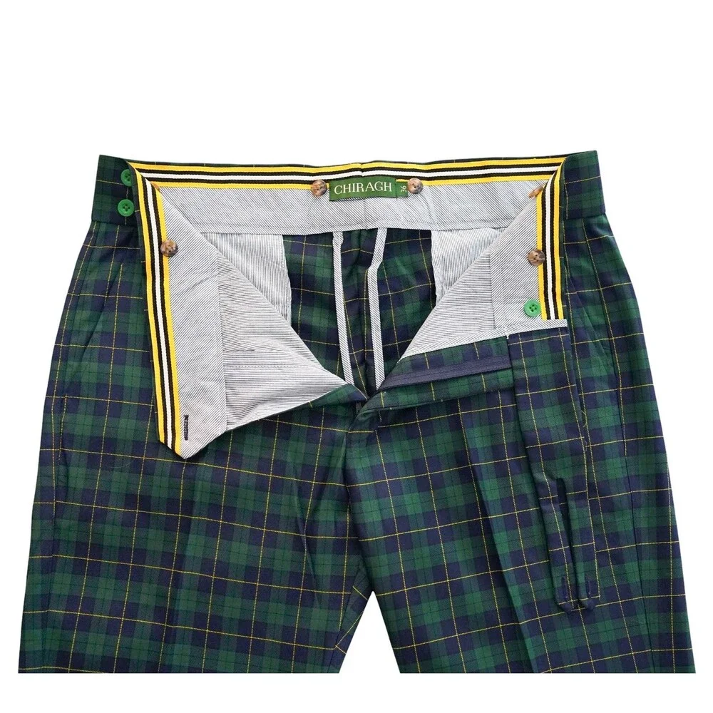 Mens 36 Gurkha Pants Green Navy Tartan Plaid Wool Flat Front Slim Fit Trousers